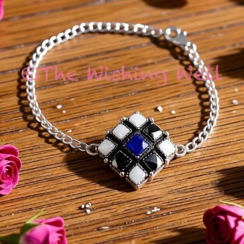 Artisan White Buffalo and Lapis Lazuli Geometric Statement Bracelet up to 8”